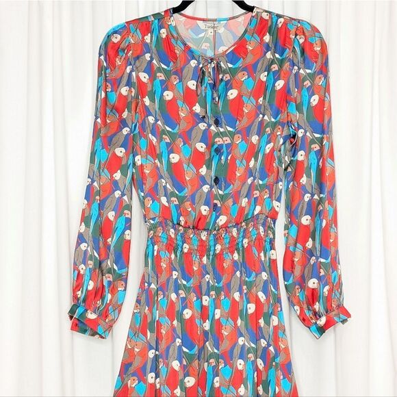 Tucker Juliette Dress Deco Parrot in Silk Stretch Charmeuse Bird Print Midi - Picture 1 of 9